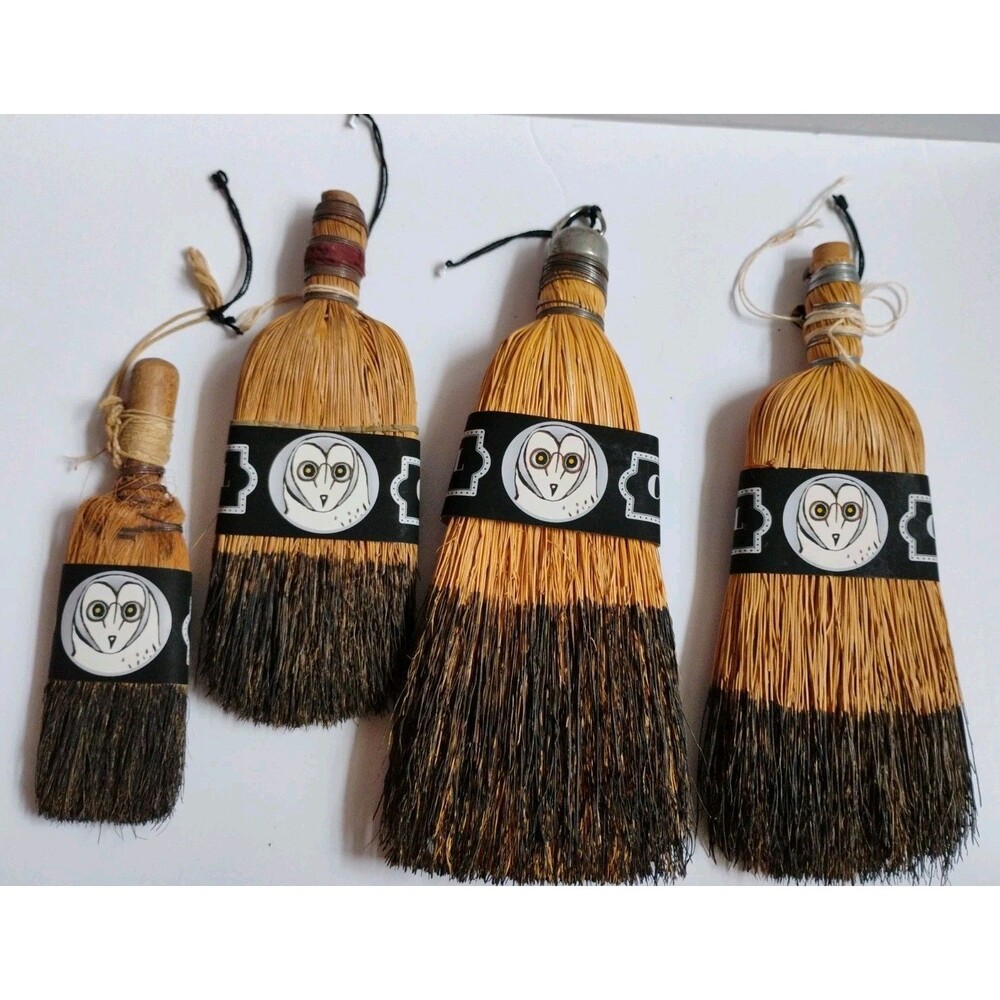 Lot of 4 Handmade Straw Whisk Brooms Hearth Besom Folk Art Owl Decor
